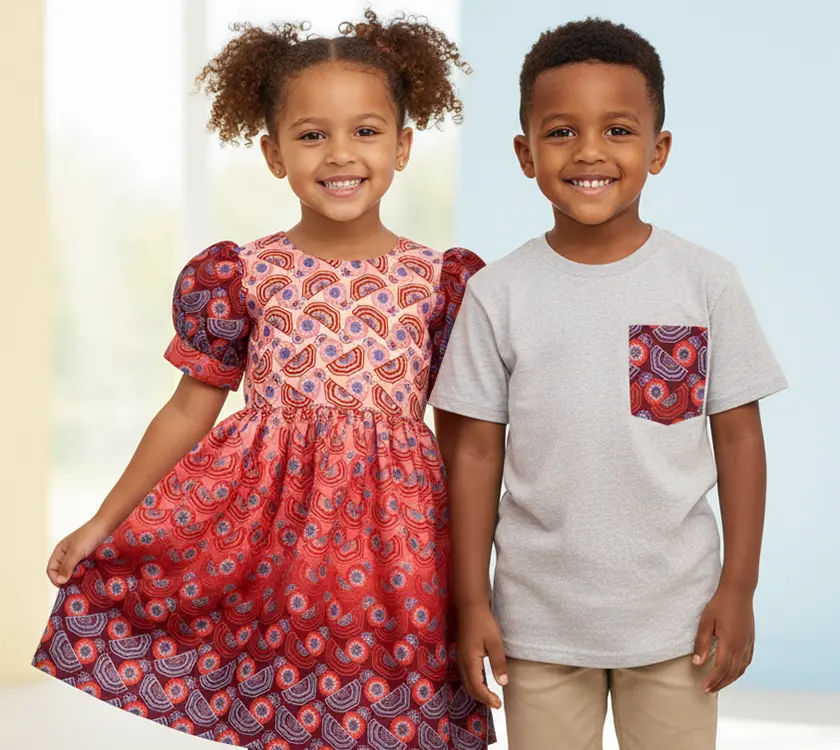 Children's matching red African swirl print dress and pocket tee