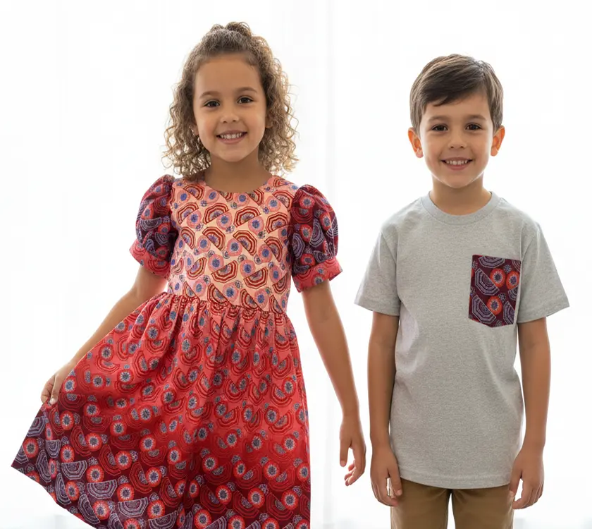 Close-up of siblings in African swirl print dress and pocket tee