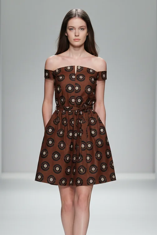 Heritage brown medallion off-shoulder fit and flare dress