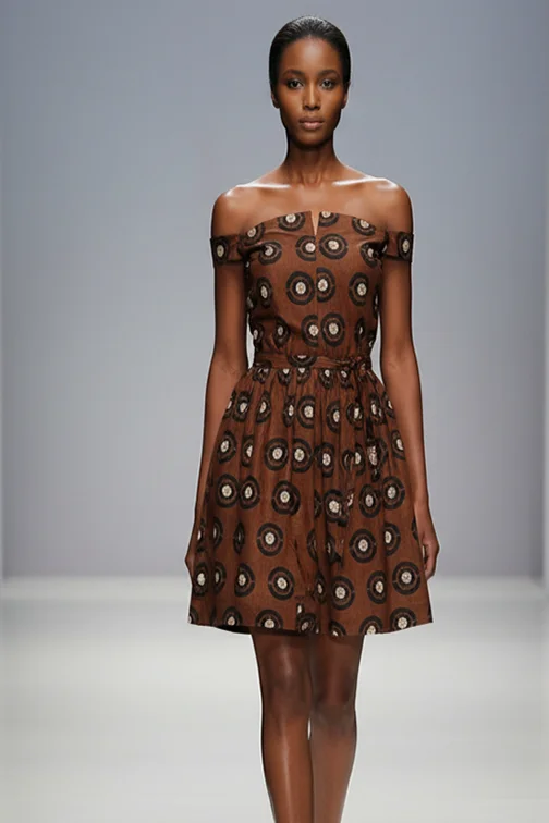 Heritage brown medallion print dress on runway