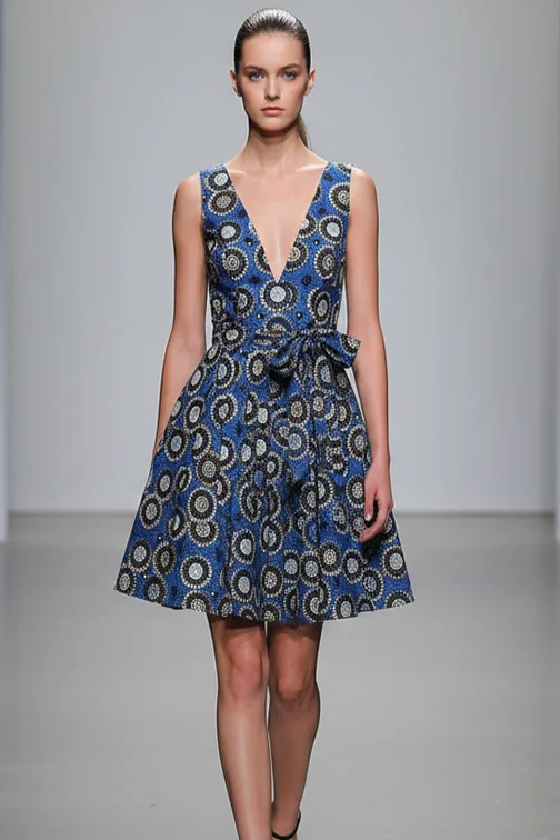 Heritage royal blue circle print v-neck dress