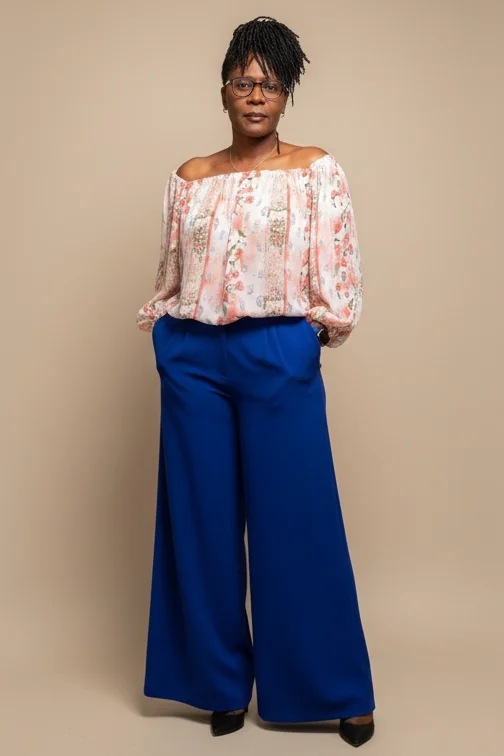 Elegance floral chiffon blouse with cobalt wide-leg trousers